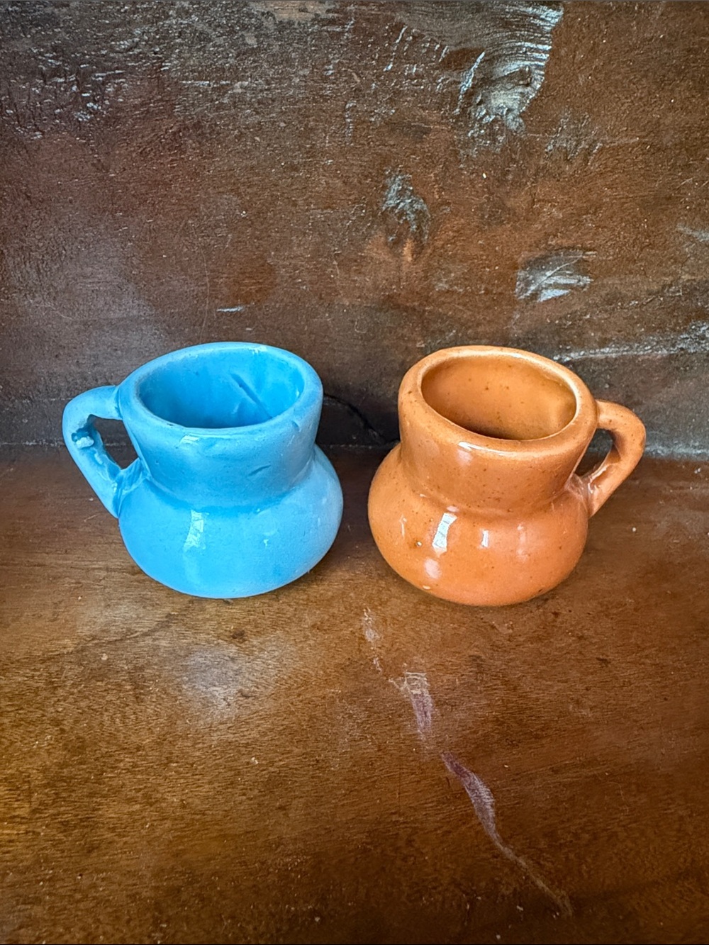 Pair of Small Ceramic Mini Pitchers - Blue & Orange